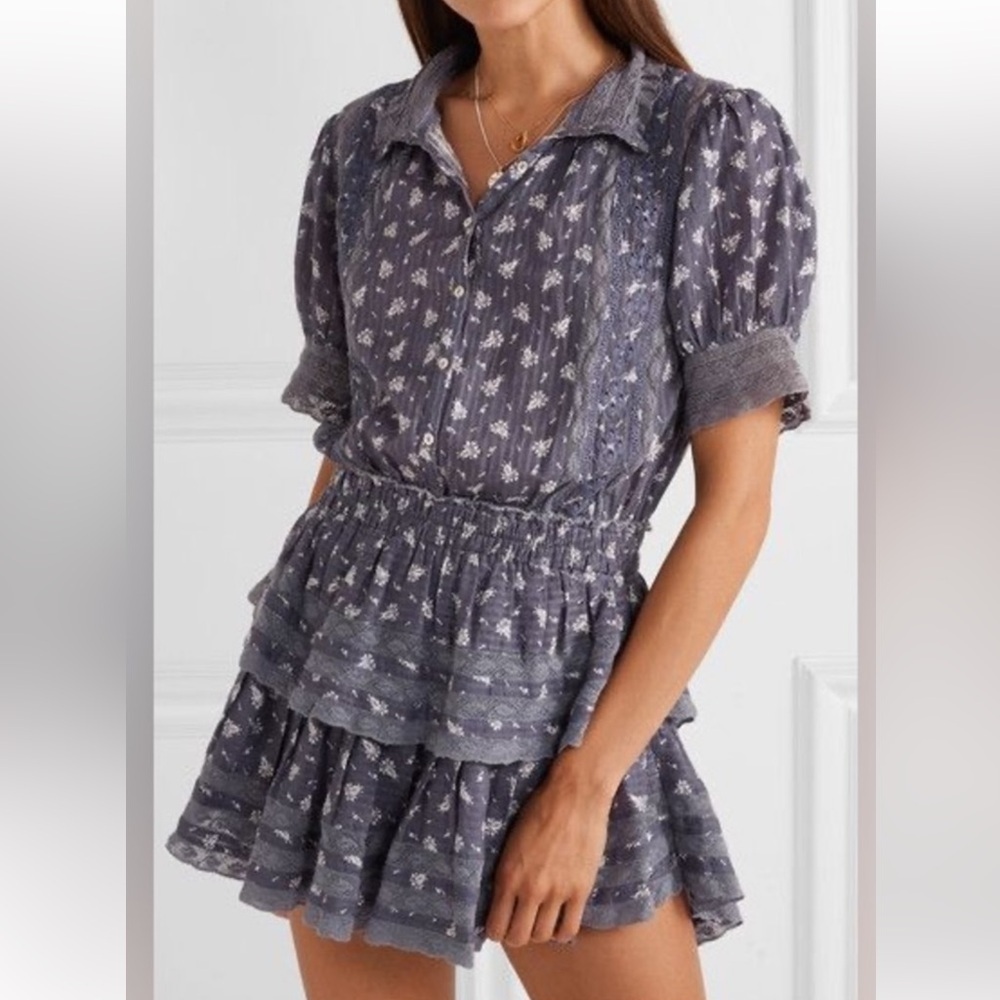 LoveShackFancy Alfie Ruffled Mini Dress Blue Jean Size M